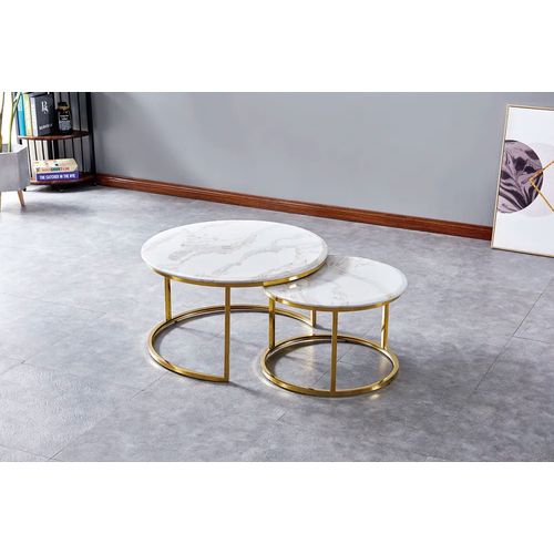 Ensemble De 2 Tables Basses Gigogne Marbre Blanc Gold Brossé