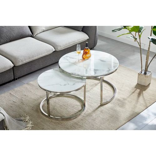 Lot De 2 Tables Basses Gigogne Arto Inox Et Plateau En Verre Marbre Blanc