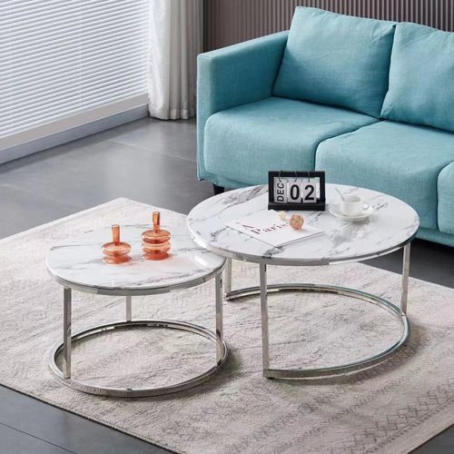 Lot De 2 Tables Basses Gigogne Arto Inox Et Plateau En Verre Marbre Blanc