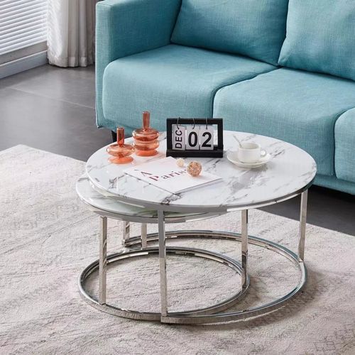 Lot De 2 Tables Basses Gigogne Arto Inox Et Plateau En Verre Marbre Blanc