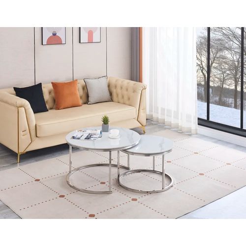 Lot De 2 Tables Basses Gigogne Arto Inox Et Plateau En Verre Marbre Blanc