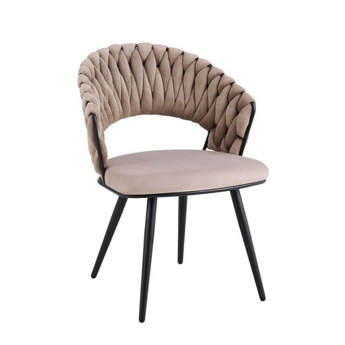 Lot 2 Chaises Salle à Manger Velours Taupe Dossier Tressé Métal Noir Carolina