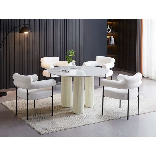 Table Repas Ronde Céramique Marbré Blanc 120 Cm Pieds Beiges – Anais