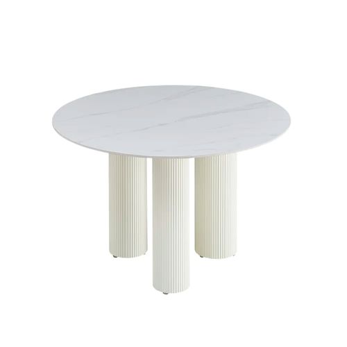 Table Repas Ronde Céramique Marbré Blanc 120 Cm Pieds Beiges – Anais