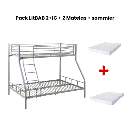 Pack: Lit Superposé En Métal Costo Sommier Inclus + 2 Matelas 90/140x190 Cm, 3 Places Gris