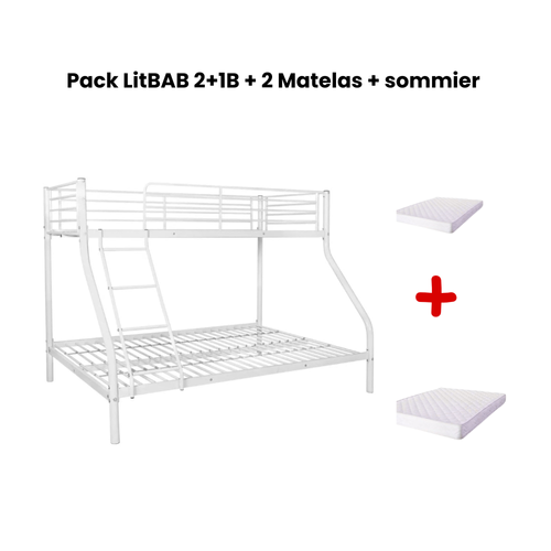 Pack: Lit Superposé En Métal Costo Sommier Inclus + 2 Matelas 90/140x190 Cm, 3 Places Blanc