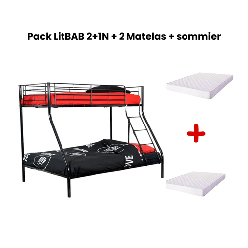 Pack: Lit Superposé En Métal Sommier Inclus + 2 Matelas 90/140x190 Cm, 3 Places Noir Costo