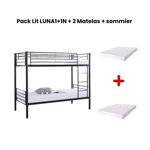 Pack : Lit Superposé + Matelas Compris Séparable Métal Luna 1+1 90x190 Cm Sommier Inclus Noir
