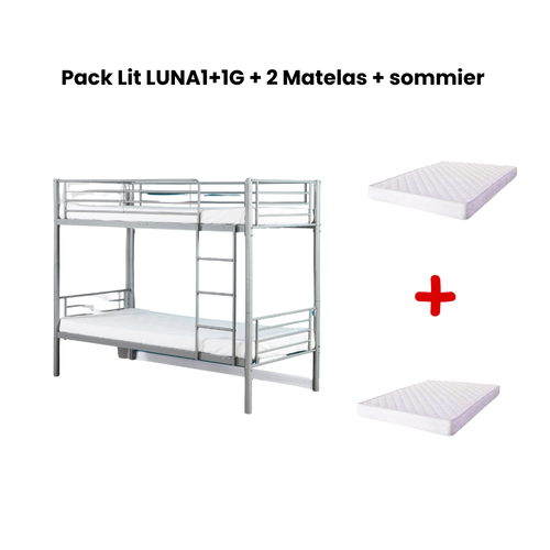 Pack : Lit Superposé + Matelas Compris Séparable Métal Luna 1+1 90x190 Cm Sommier Inclus Gris