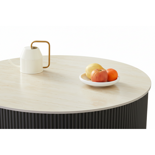 Table Basse Ruby Ronde Plateau Céramique Effet Travertin Noir Pied Métal Noir D80xh45 Cm