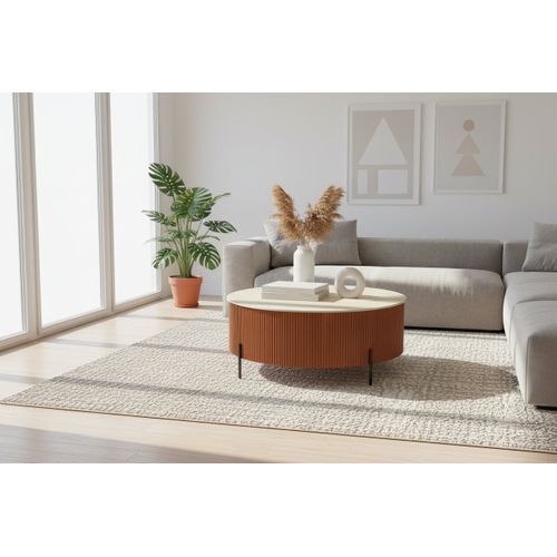 Table Basse Ruby Ronde Plateau Céramique Effet Travertin Noisette Pied Métal Noir D90xh45 Cm