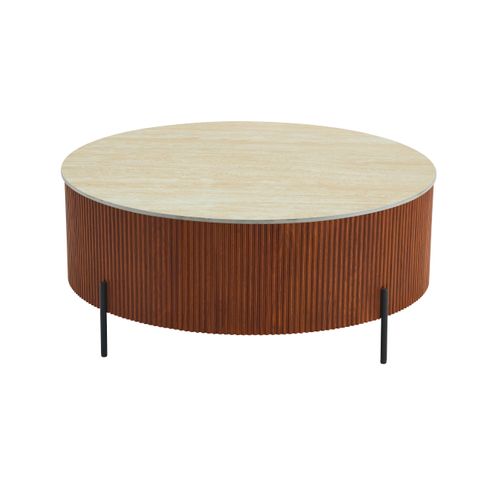 Table Basse Ruby Ronde Plateau Céramique Effet Travertin Noisette Pied Métal Noir D90xh45 Cm