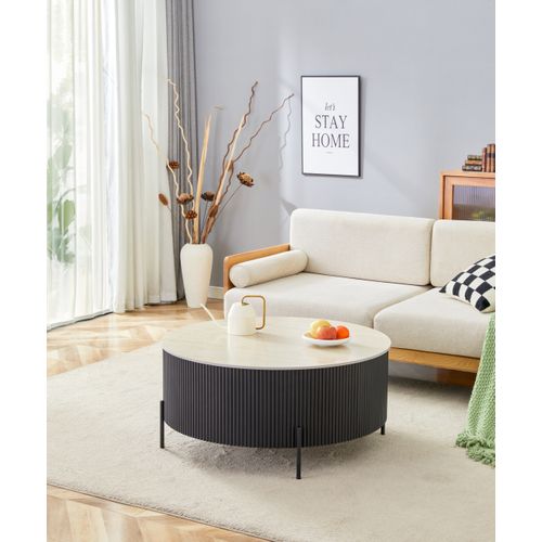 Table Basse Ruby Ronde Plateau Céramique Effet Travertin Noir Pied Métal Noir D90xh45 Cm