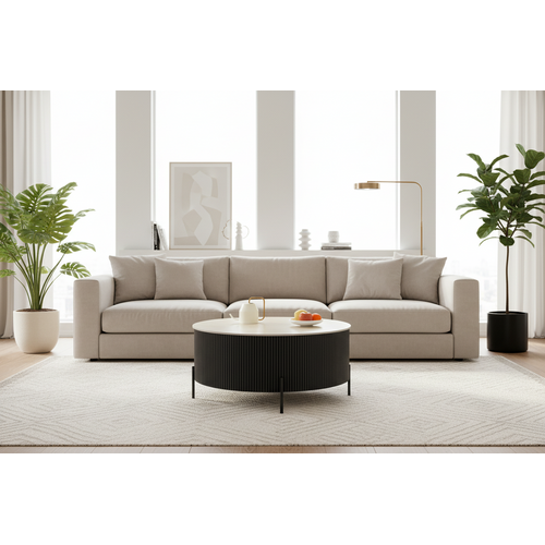 Table Basse Ruby Ronde Plateau Céramique Effet Travertin Noir Pied Métal Noir D90xh45 Cm