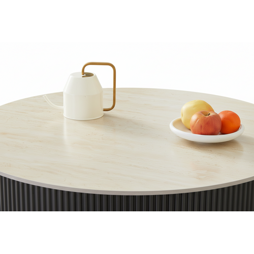 Table Basse Ruby Ronde Plateau Céramique Effet Travertin Noir Pied Métal Noir D100xh45 Cm