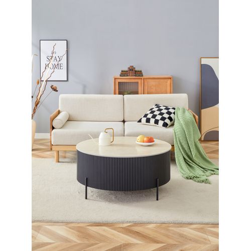 Table Basse Ruby – Ø100 Cm – Céramique Effet Travertin – Pied Métal - Noir