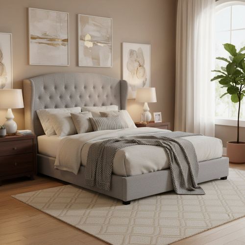 Lit Double Tissu Gris 140x190 Cm Sommier Inclus Bergerac