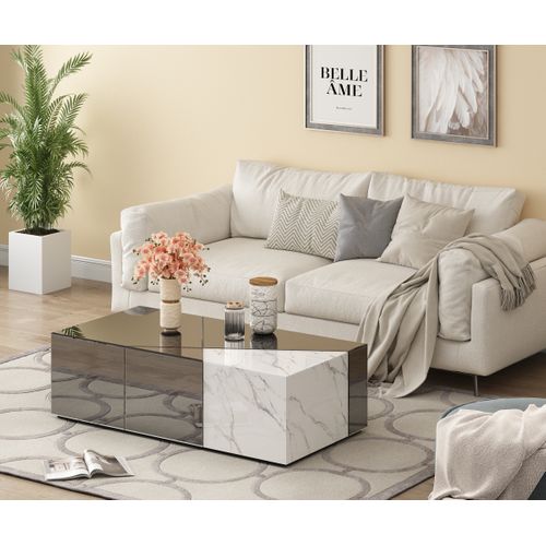 Table Basse Alpha – Miroir Gris et Marbre – 120x60x36 Cm