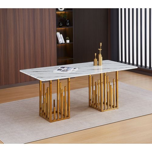 Table à Manger Stalax – Pied Gold et Pierre Marbre Blanc – 180x90x75 Cm