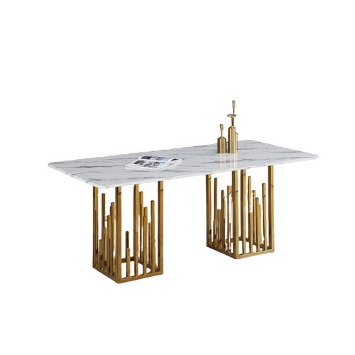Table à Manger Stalax – Pied Gold et Pierre Marbre Blanc – 180x90x75 Cm