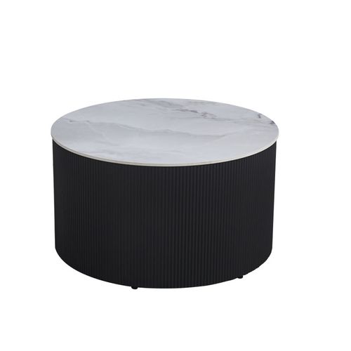 Table Basse Valmy Pieds Métal Noir Plateau Céramique Marbré Gris D90xh45 Cm