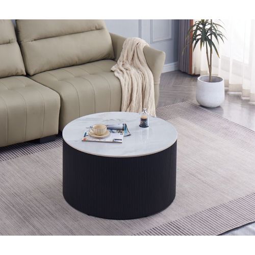 Table Basse Valmy Pieds Métal Noir Plateau Céramique Marbré Blanc D90xh45 Cm