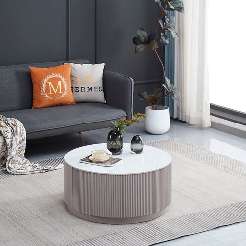 Table Basse Bari – Bois Gris et Marbre Blanc – 80x45 Cm Avec Tiroir