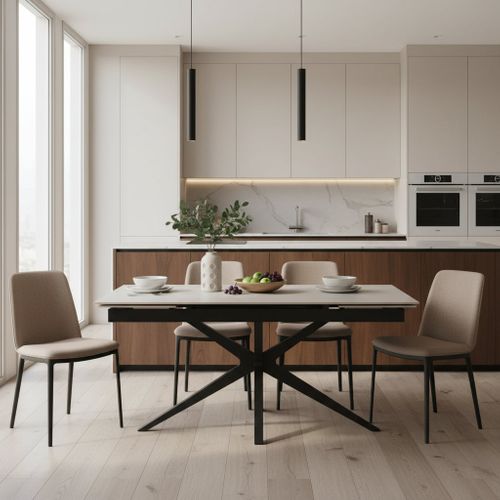 Table Repas Extensible Céramique Travertin Blanc – Métal Noir – 160/240x90x76 Cm - Tonia