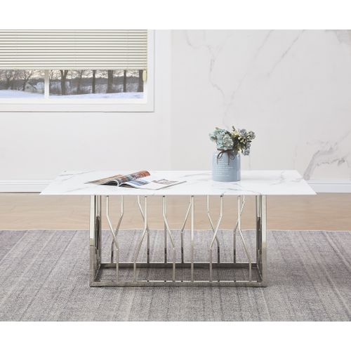 Table Basse Portofino – Chrome et Marbre Blanc – 120x70x45 Cm