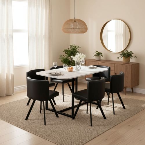 Ensemble Table Et 6 Chaises Vendome Bois Marbré Blanc Pieds Métal