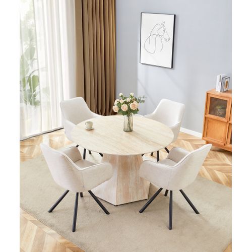 Table Repas Ronde Solal – Céramique et Pied Effet Travertin – Ø120x75 Cm