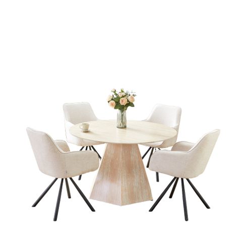 Table Repas Ronde Solal – Céramique et Pied Effet Travertin – Ø120x75 Cm