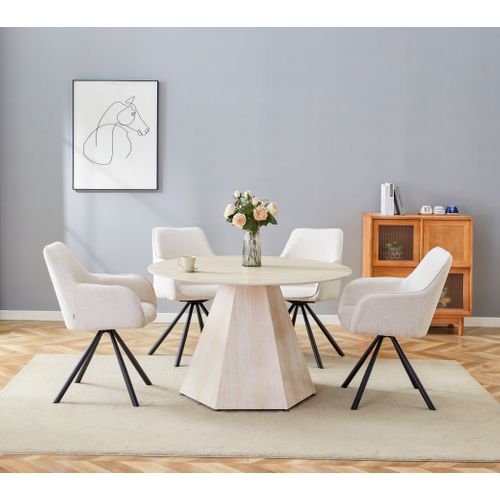 Table Repas Ronde Solal – Céramique et Pied Effet Travertin – Ø120x75 Cm