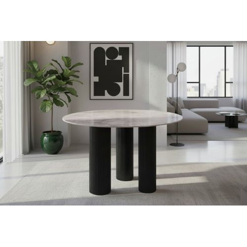 Table Repas Ronde Céramique Marbré Gris 120 Cm Pieds Noirs – Anais