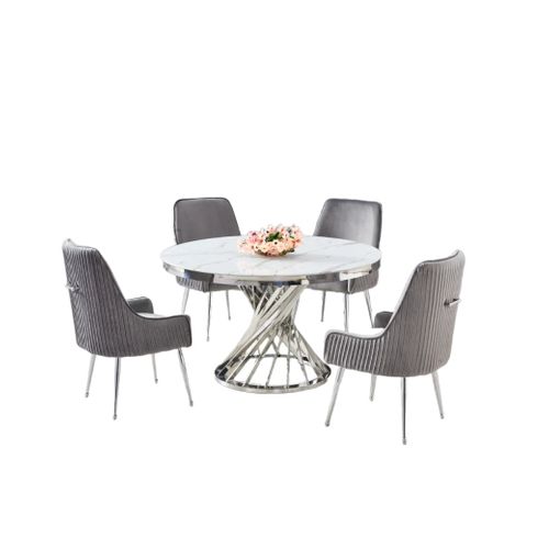 Table à Manger Ronde En Verre Trempé Effet Marbre Blanc Chrome - Nautilus