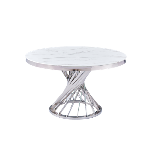Table à Manger Ronde En Verre Trempé Effet Marbre Blanc Chrome - Nautilus
