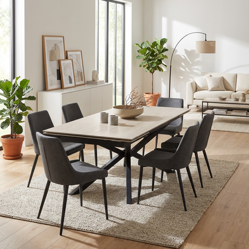 Table à Manger Extensible Nana – Céramique Travertin et Pied Métal Noir – 180 à 260 Cm