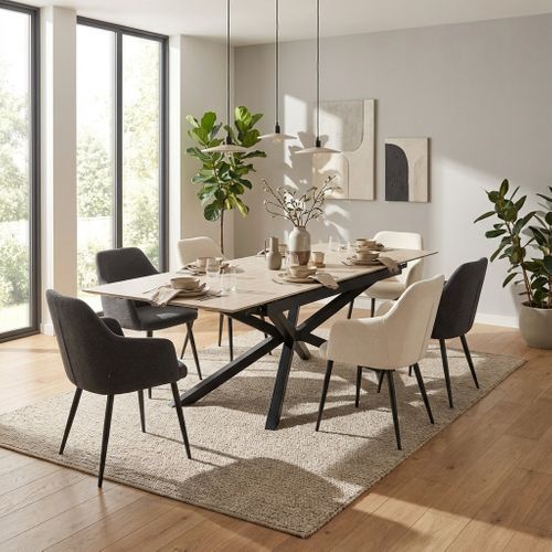 Table à Manger Extensible Nana – Céramique Travertin et Pied Métal Noir – 180 à 260 Cm