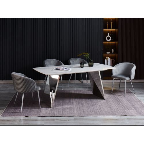 Table à Manger Graffi – 180x90 Cm – Chrome et Céramique Marbre Blanc