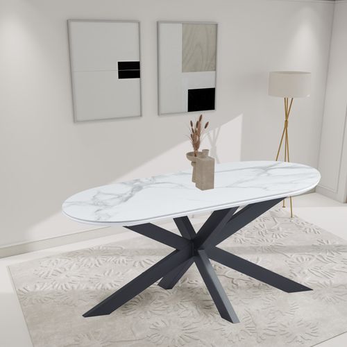 Table à Manger Manon – 200x90 Cm – Céramique Marbre Blanc et Pied Métal Noir