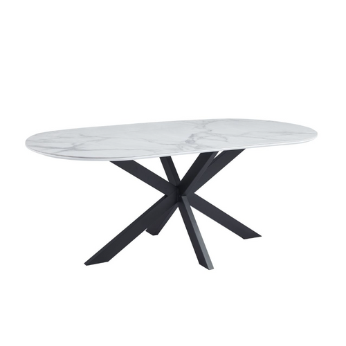 Table à Manger Manon – 200x90 Cm – Céramique Marbre Blanc et Pied Métal Noir