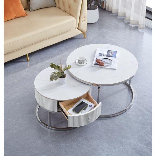 Duo De Tables Basses Gigognes Samira Chrome et Céramique Marbre Blanc Avec Tiroir – D.80 + D.60 Cm
