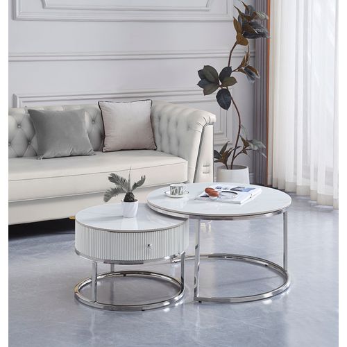 Duo De Tables Basses Gigognes Samira Chrome et Céramique Marbre Blanc Avec Tiroir – D.80 + D.60 Cm