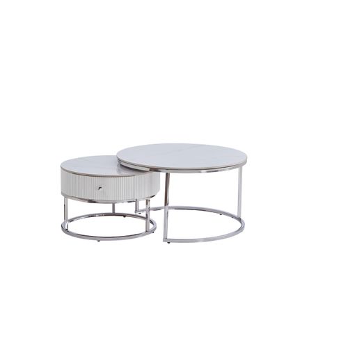 Duo De Tables Basses Gigognes Samira Chrome et Céramique Marbre Blanc Avec Tiroir – D.80 + D.60 Cm