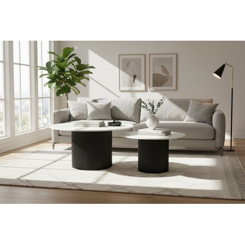 Lot 2 Tables Basses Gigognes Mina Pieds Métal Noir Plateau Céramique Bois Blanc D80xh38cm/d60xh45cm