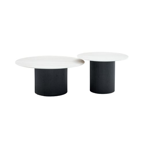 Lot 2 Tables Basses Gigognes Mina Pieds Métal Noir Plateau Céramique Bois Blanc D80xh38cm/d60xh45cm