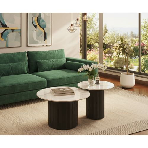 Tables Basses Gigognes Polpo – Céramique Effet Marbre et Métal – 70x70x38 + 50x50x45 Cm Marbré Blanc