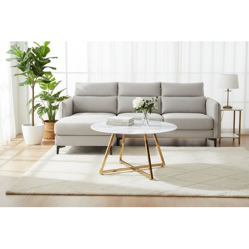 Table Basse Ronde Heloise Métal Gold Plateau Céramique Effet Marbre Blanc D80xh45cm