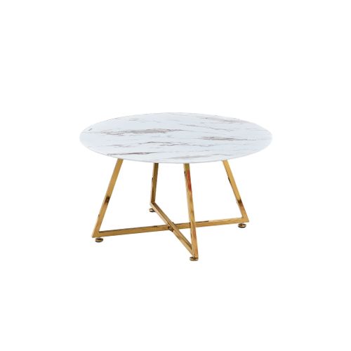 Table Basse Ronde Heloise Métal Gold Plateau Céramique Effet Marbre Blanc D80xh45cm