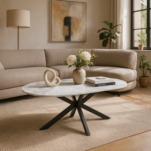 Table Basse Manon Métal Noir et Céramique Marbre Blanc 120x60 Cm